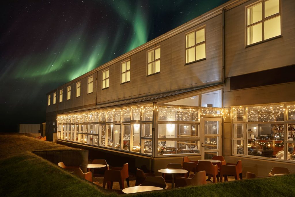 Hotel Klaustur with northern lights